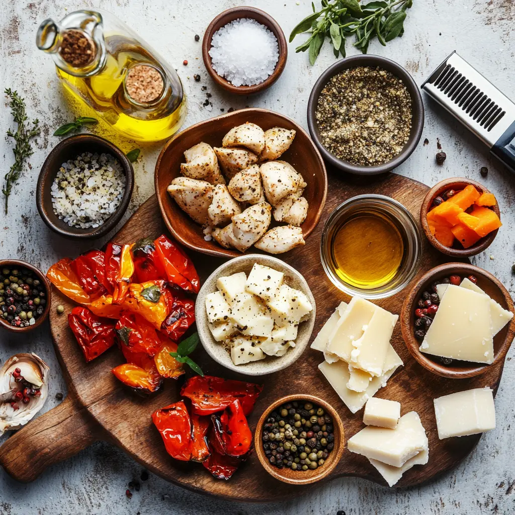 AIR FRYER BONELESS CHICKEN BITES plated close up with roasted vegetables and dipping sauces warm light