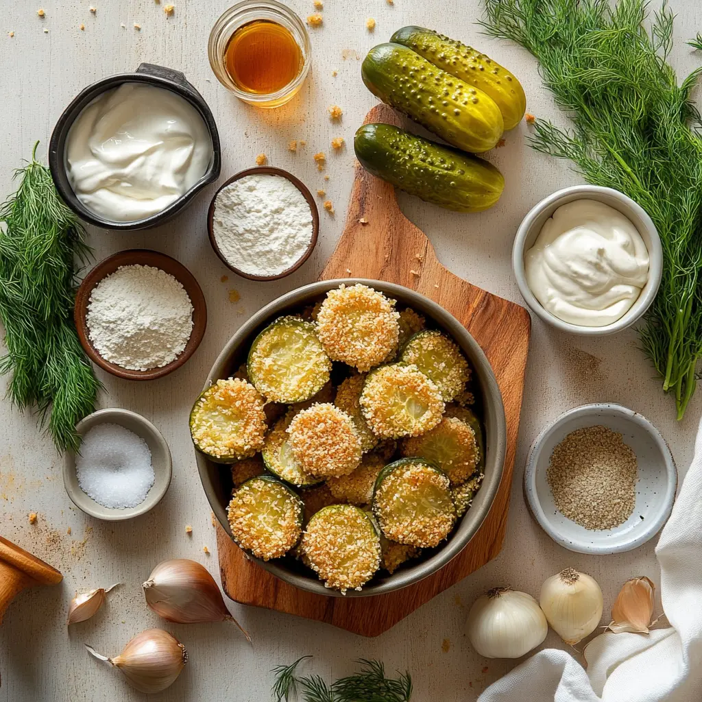 AIR FRYER FRIED PICKLES golden crispy chips with dill and creamy dip in warm light