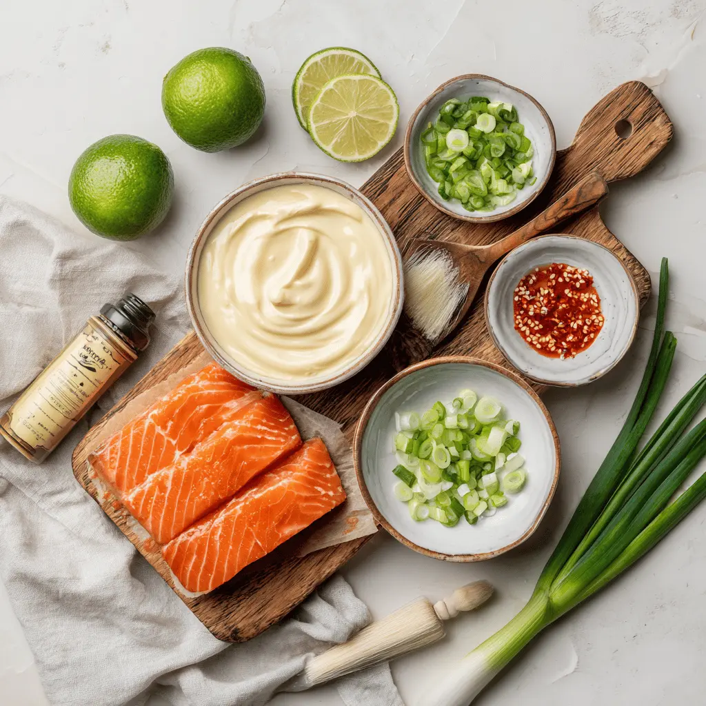 Air Fryer Bang Bang Salmon plated with sesame seeds lime wedges and green onions