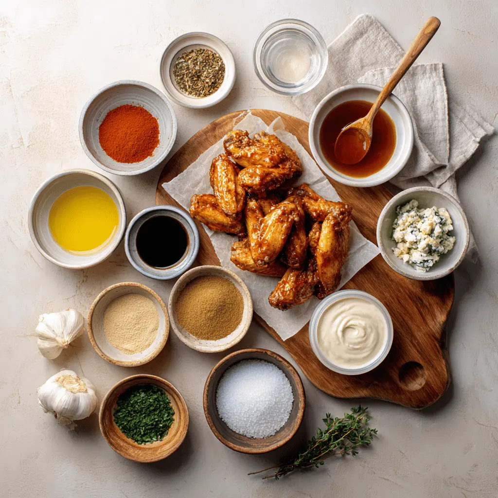 Air Fryer Buffalo Chicken Wings on white napkin with blue cheese dressing and water