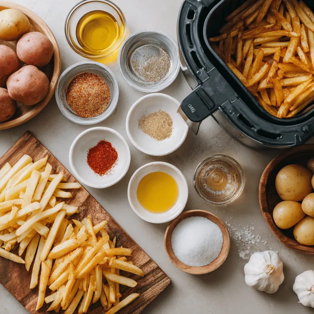 Crispy Air Fryer French Fries on white napkin with clear water glass and warm tones