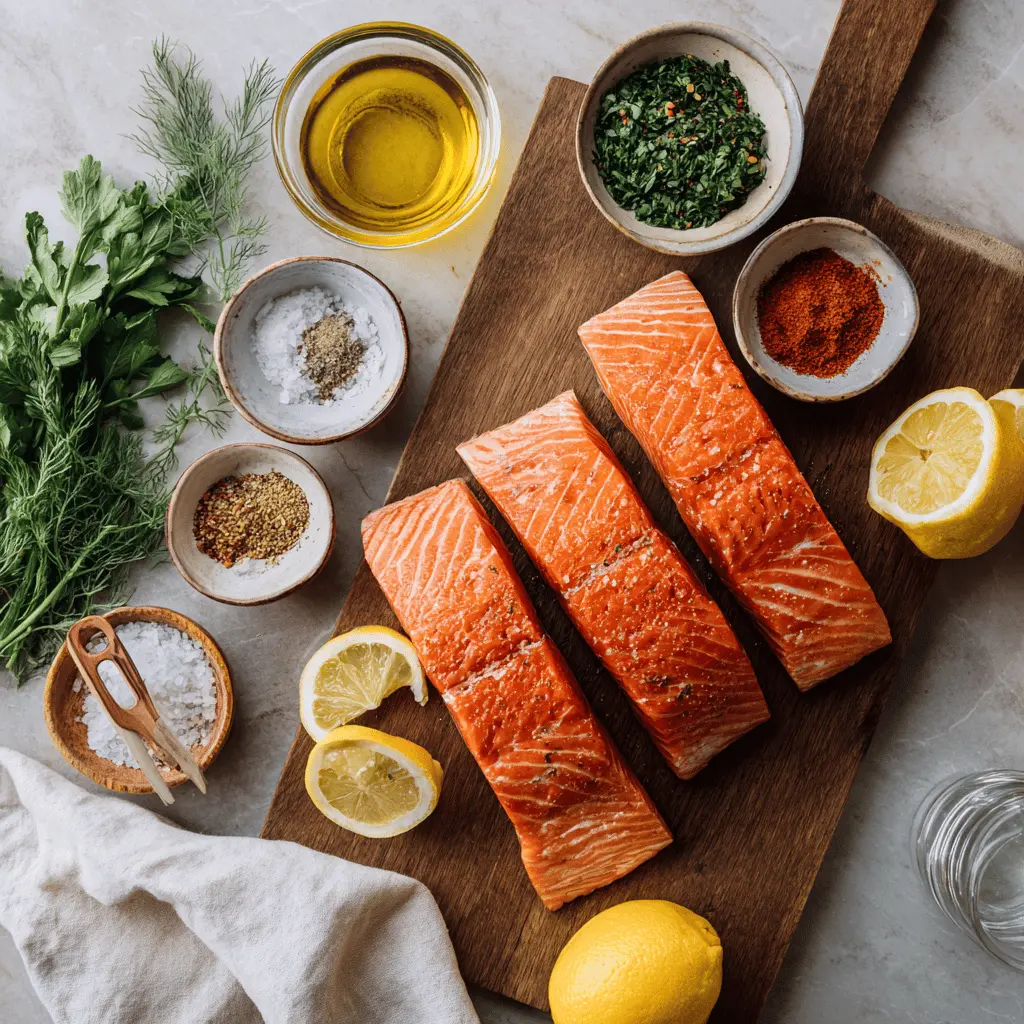 Air Fryer Salmon on ceramic plate with lemon wedges and fresh herbs