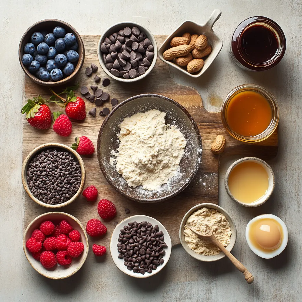 Baked Protein Pancake Bowls great: Easy and Delicious Magic 5 BAKED PROTEIN PANCAKE BOWLS GREAT finished bowl with berries peanut butter chocolate chips and syrup