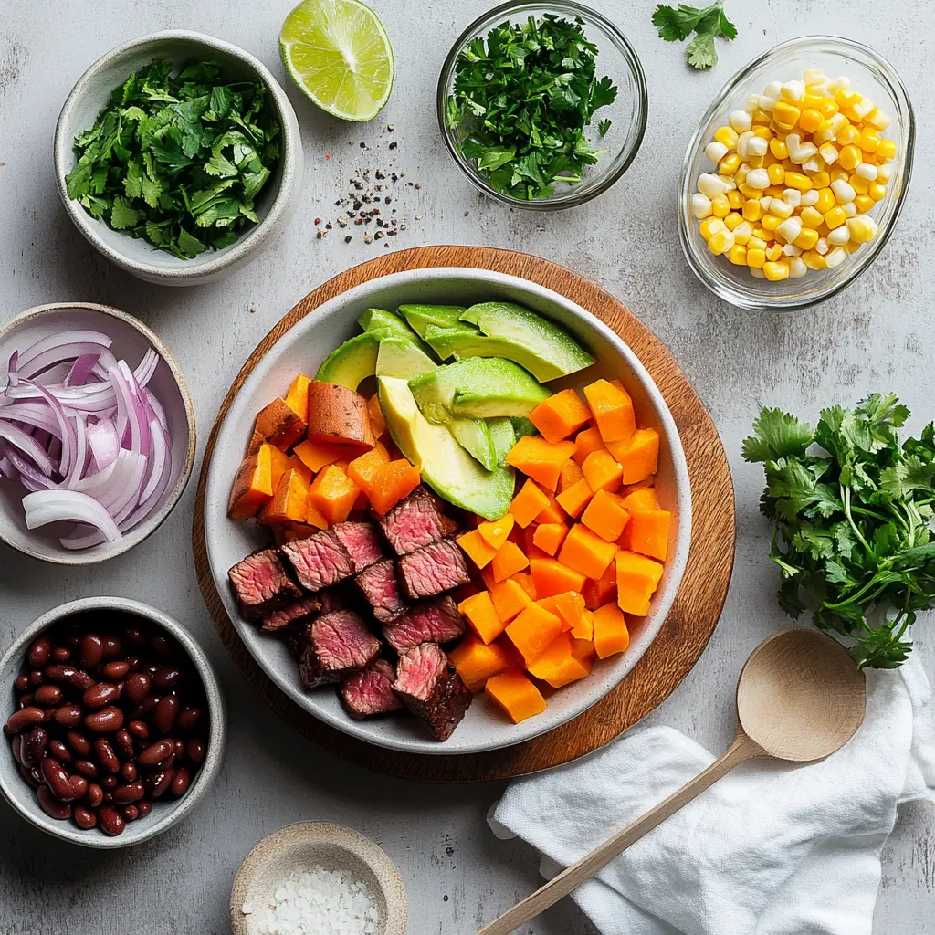Beef and Sweet Potato Power Bowl: Delicious and Easy Recipe 5 BEEF AND SWEET POTATO POWER BOWL with seared sirloin roasted sweet potato avocado black beans corn