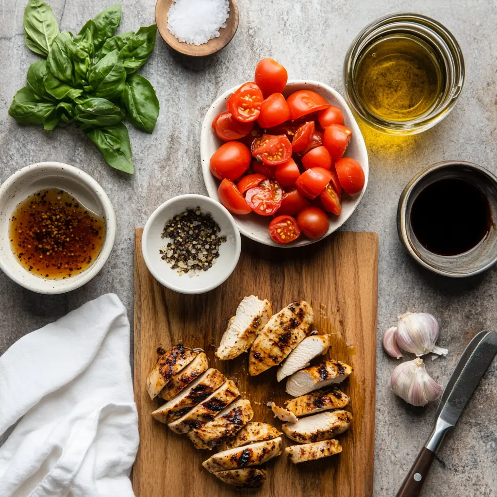 Bruschetta Chicken Recipe: Easy and Delicious Dinner 5 BRUSCHETTA CHICKEN topped with tomatoes basil garlic and balsamic glaze in warm light