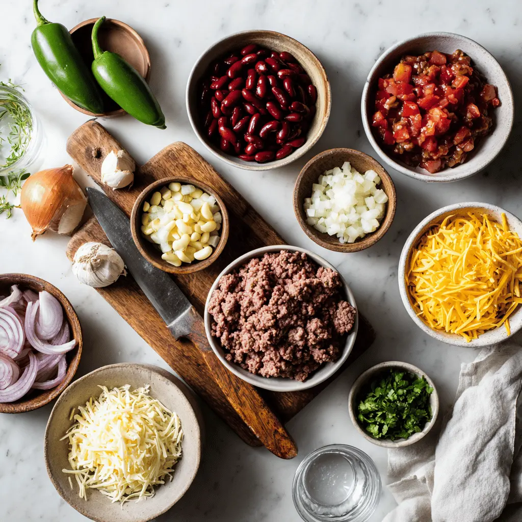 Beef Chili Recipe hearty bowl with shredded cheese fresh herbs jalapeños on white napkin