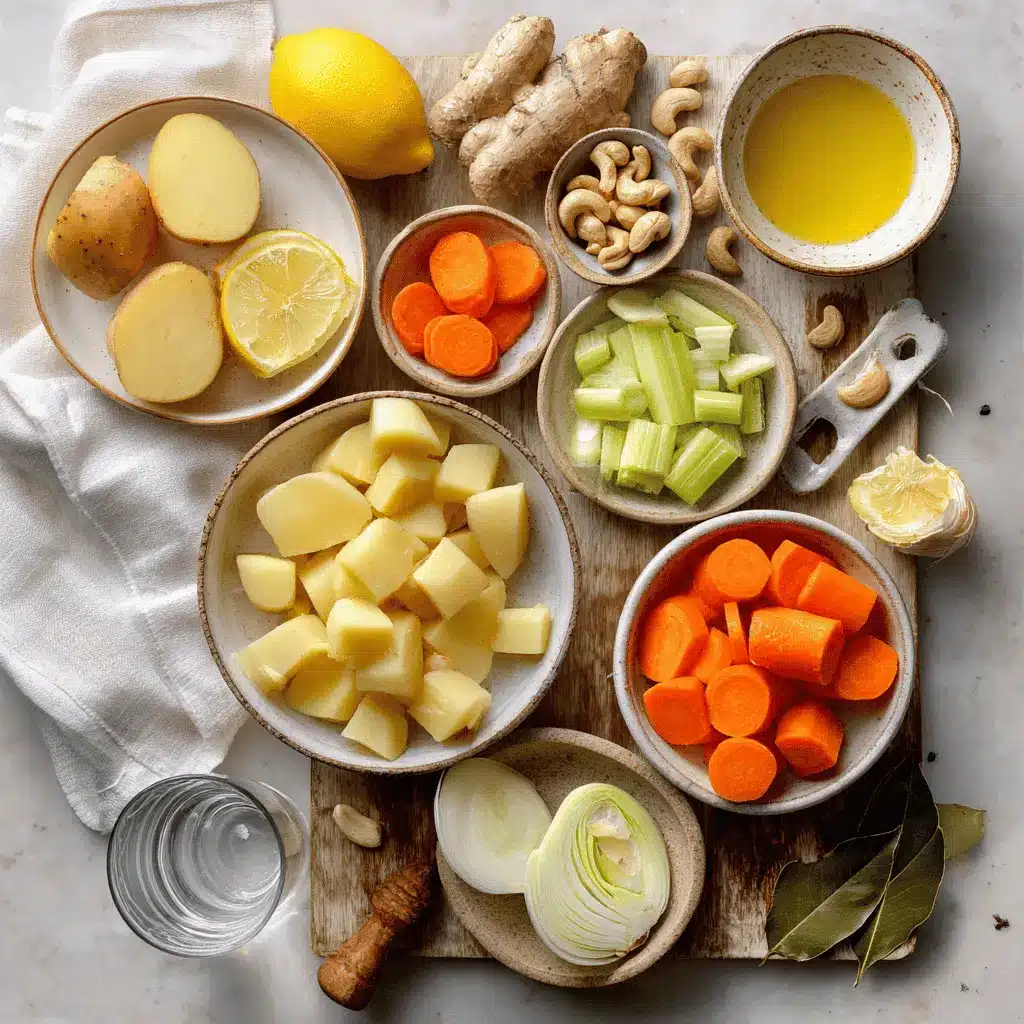 CARROT POTATO SOUP creamy bowl on white cloth with clear glass of water warm natural lighting