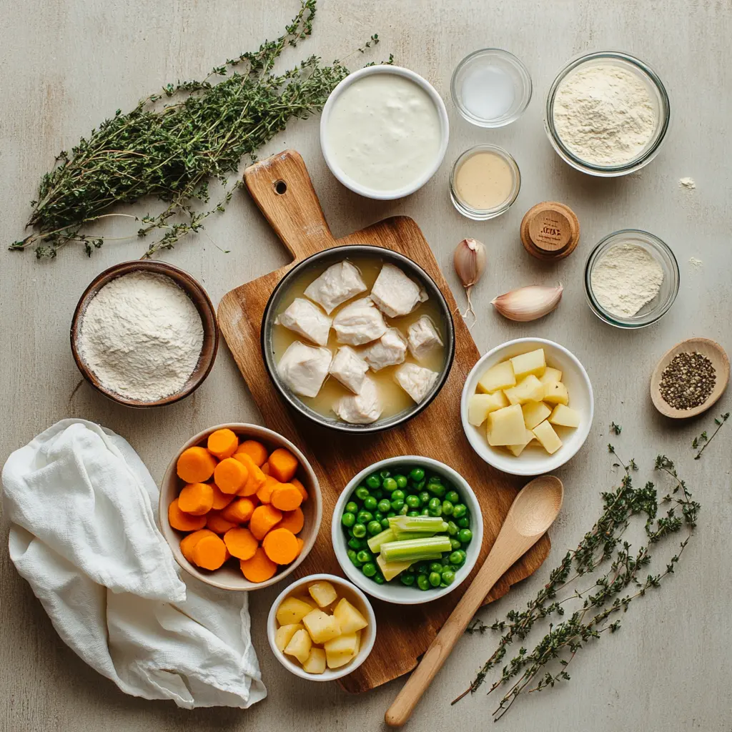 CHICKEN POT PIE SOUP RECIPE warm bowl of chicken pot pie soup with creamy vegetables and thyme