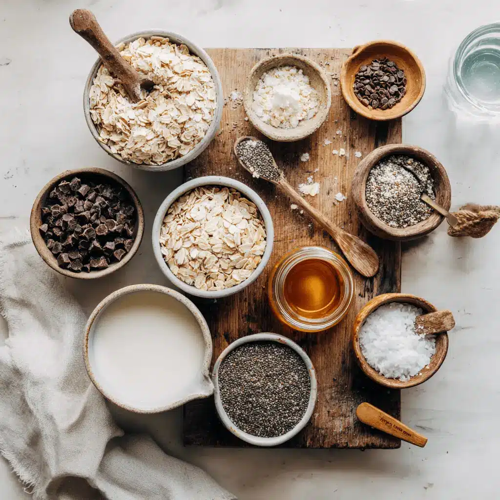 CHOCOLATE CHIP OVERNIGHT OATS creamy jar topped with vegan chips in warm natural light