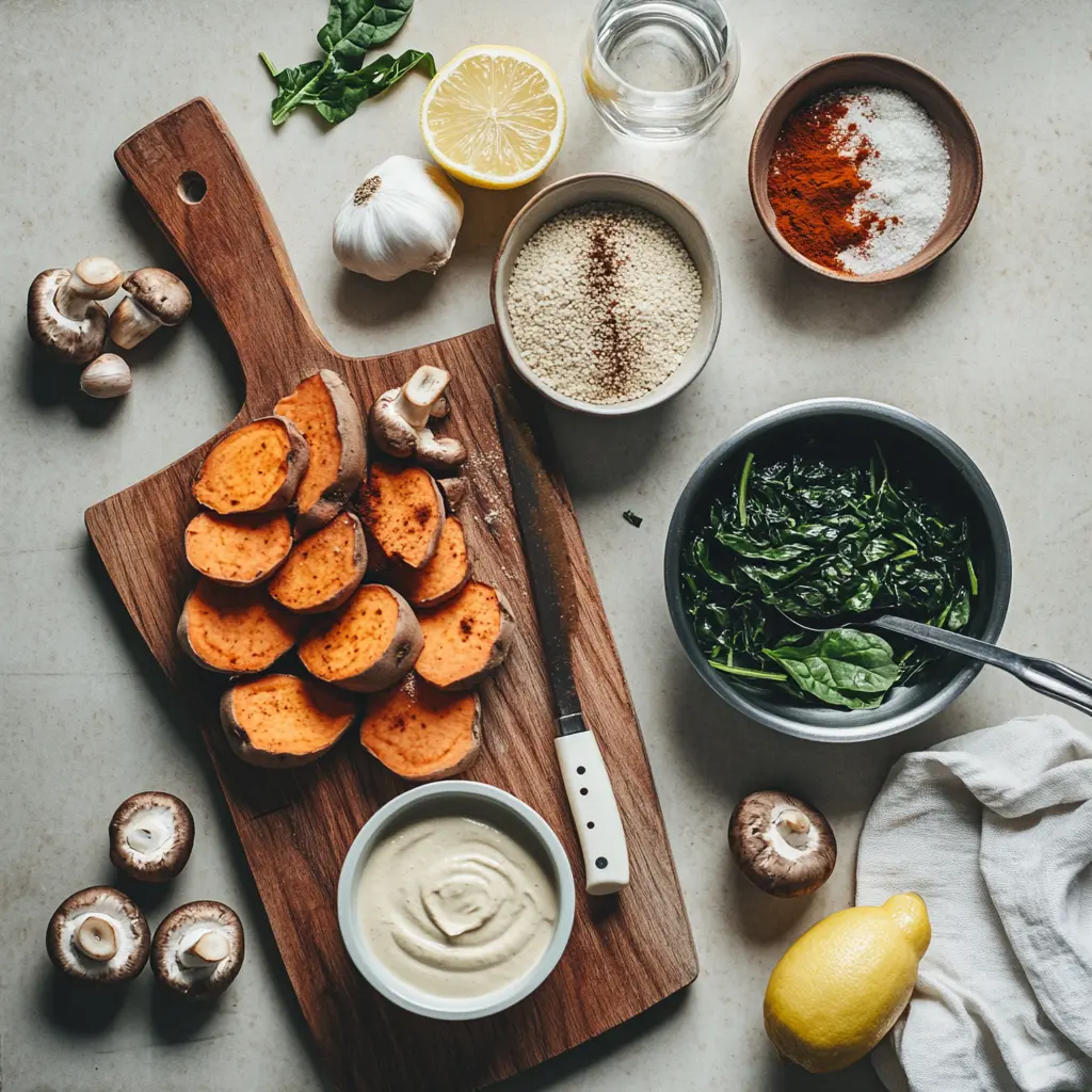Creamy Mushroom and Spinach Stuffed Sweet Potatoes - Easy & Irresistible 5 CREAMY MUSHROOM AND SPINACH STUFFED SWEET POTATOES plated with tahini drizzle lemon wedge warm rustic styling