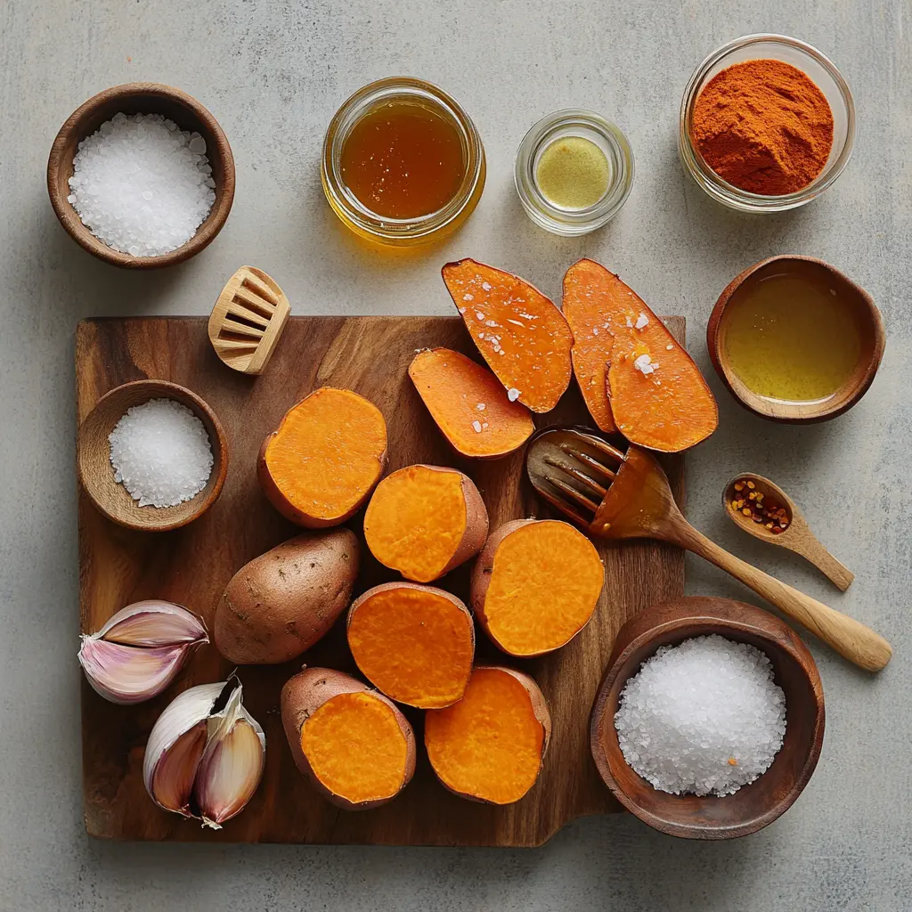 Crispy Smashed Sweet Potatoes: Irresistibly Easy Recipe 5 CRISPY SMASHED SWEET POTATOES plated with honey drizzle and chili sauce warm golden crunch