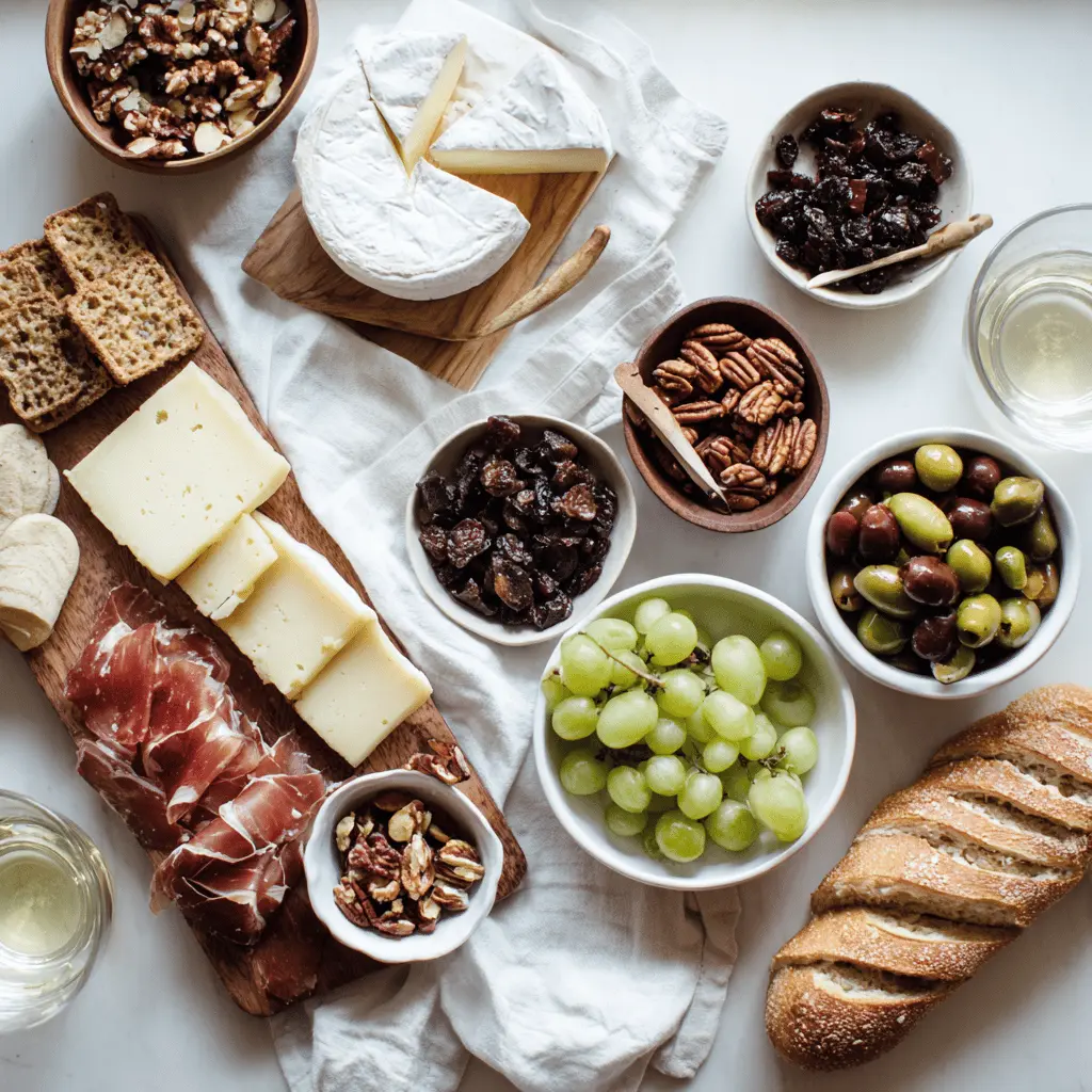 Charcuterie Board Secrets: Easy, Delicious Ideas 5 Charcuterie Board with brie prosciutto grapes figs crackers on warm styled table