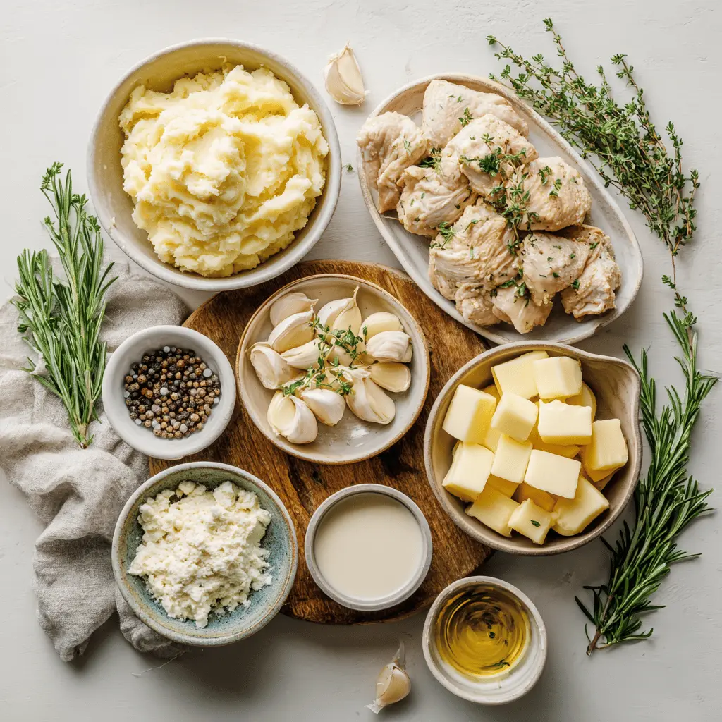 Creamy Garlic Chicken & Mash Recipe: Irresistible Comfort Food 5 Creamy Garlic Chicken Mash recipe plated with mashed potatoes rosemary garnish warm inviting blog photo