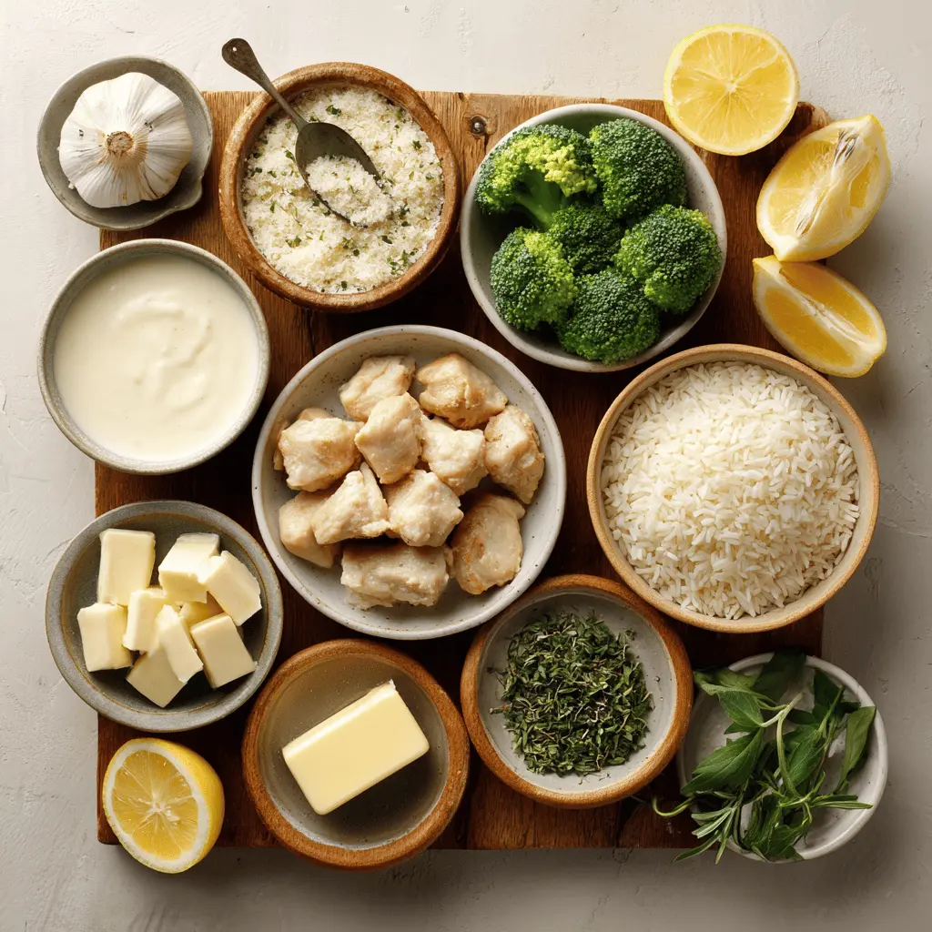 Creamy Garlic Chicken and Broccoli Skillet close up with creamy sauce broccoli and rice warm tones