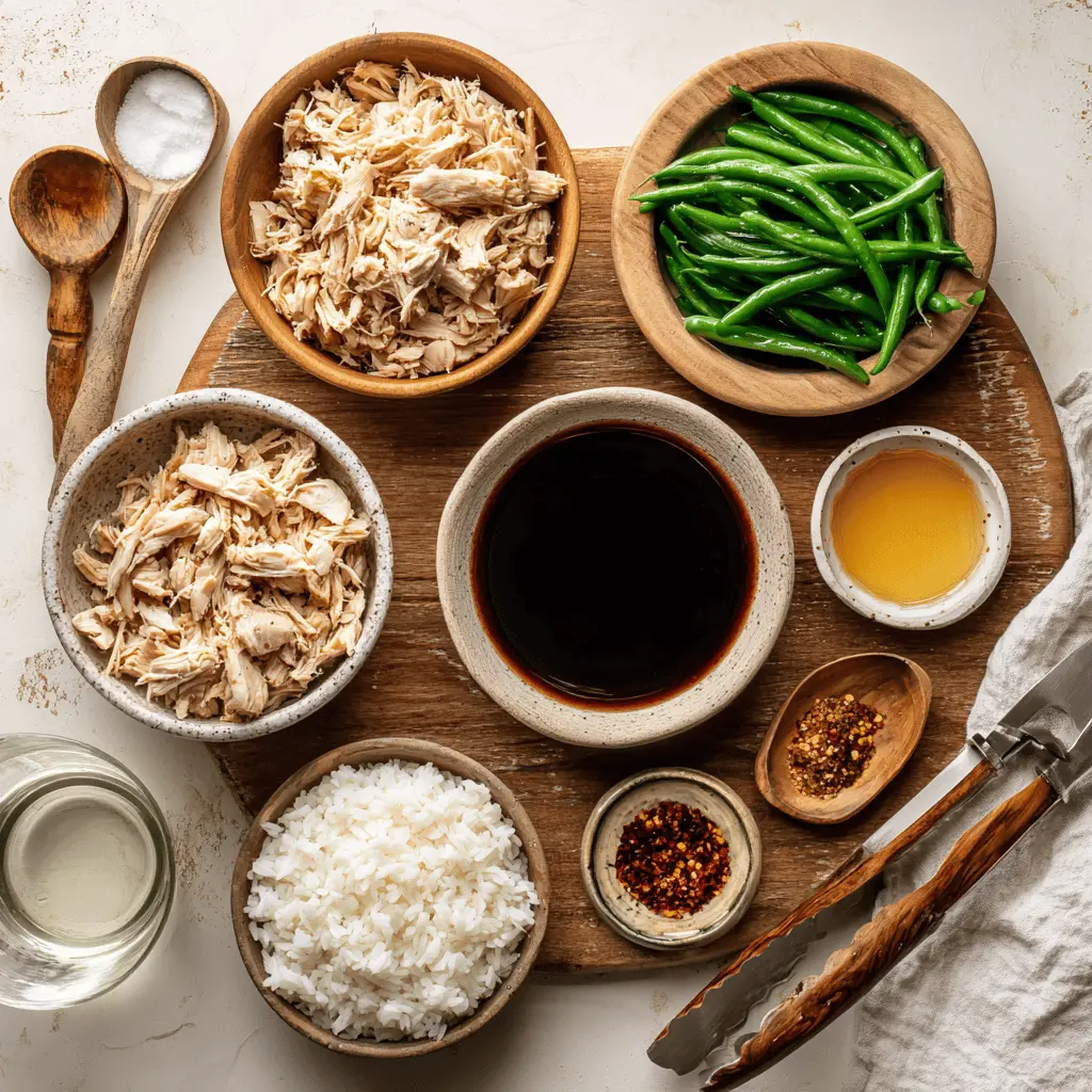 Crockpot Honey Garlic Chicken plated with rice green beans and sticky honey garlic glaze