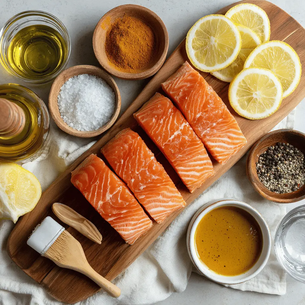 Damn Air Fryer Salmon Easy Recipe Unbelievably Delicious 5 Damn Air Fryer Salmon plated with lemon slices honey soy glaze olive oil bottle beside glass