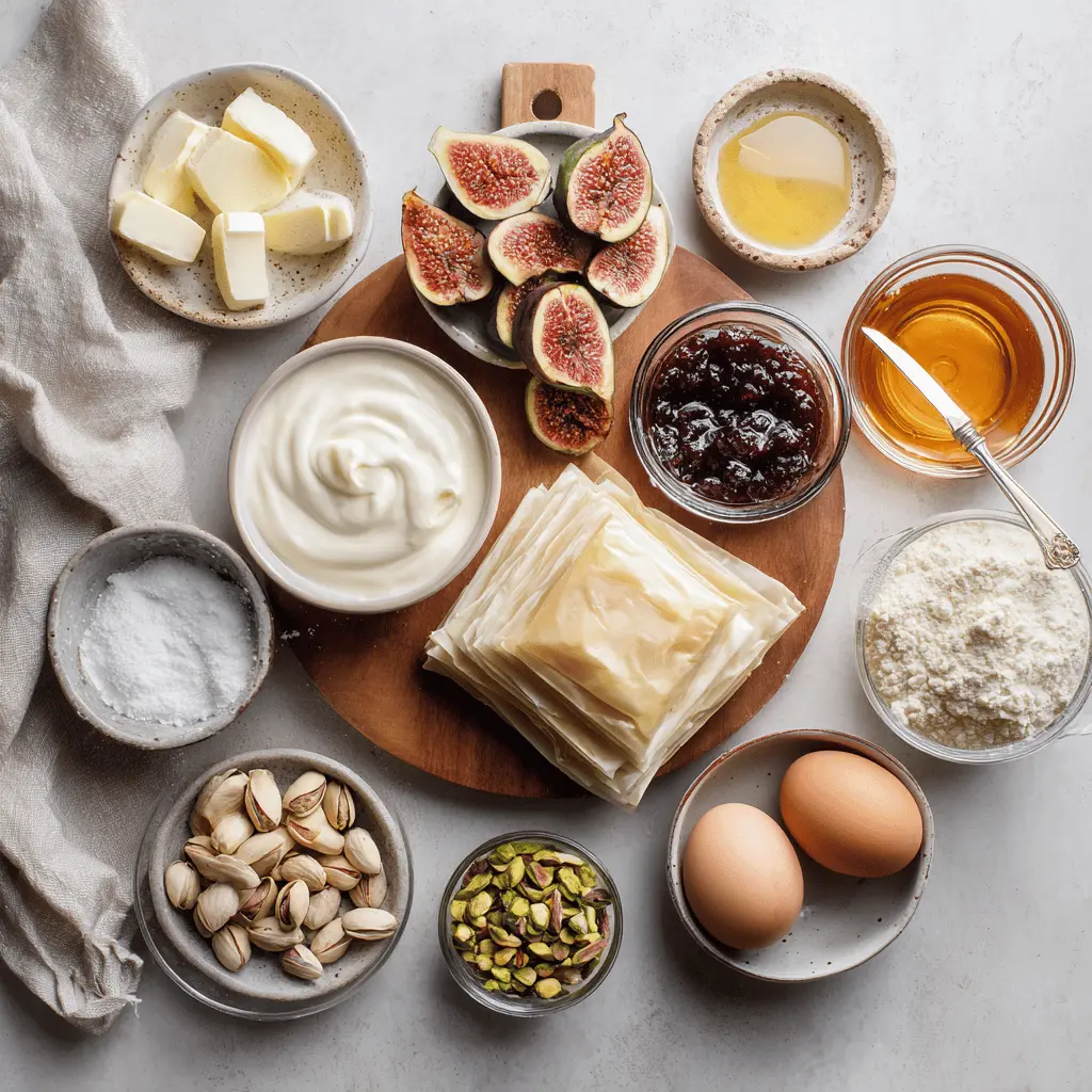 Fig Soufra plated with fresh figs, pistachios, honey glaze, creamy white sauce, warm tones