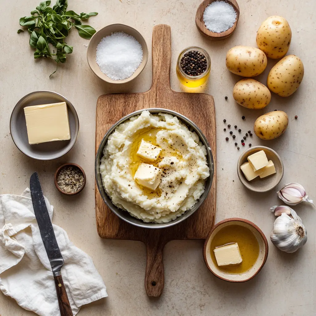 GARLIC MASHED POTATOES warm buttery yukon and russet mash roasted garlic olive oil sea salt