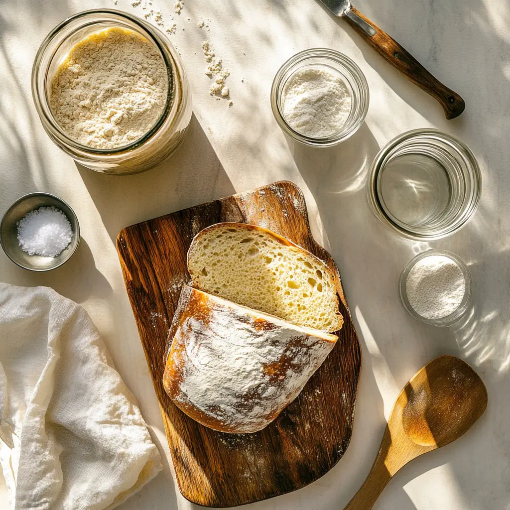 Golden Sourdough Bread: Easy and Irresistible Recipe 5 GOLDEN SOURDOUGH BREAD with open crumb and golden crust on white cloth beside glass of water