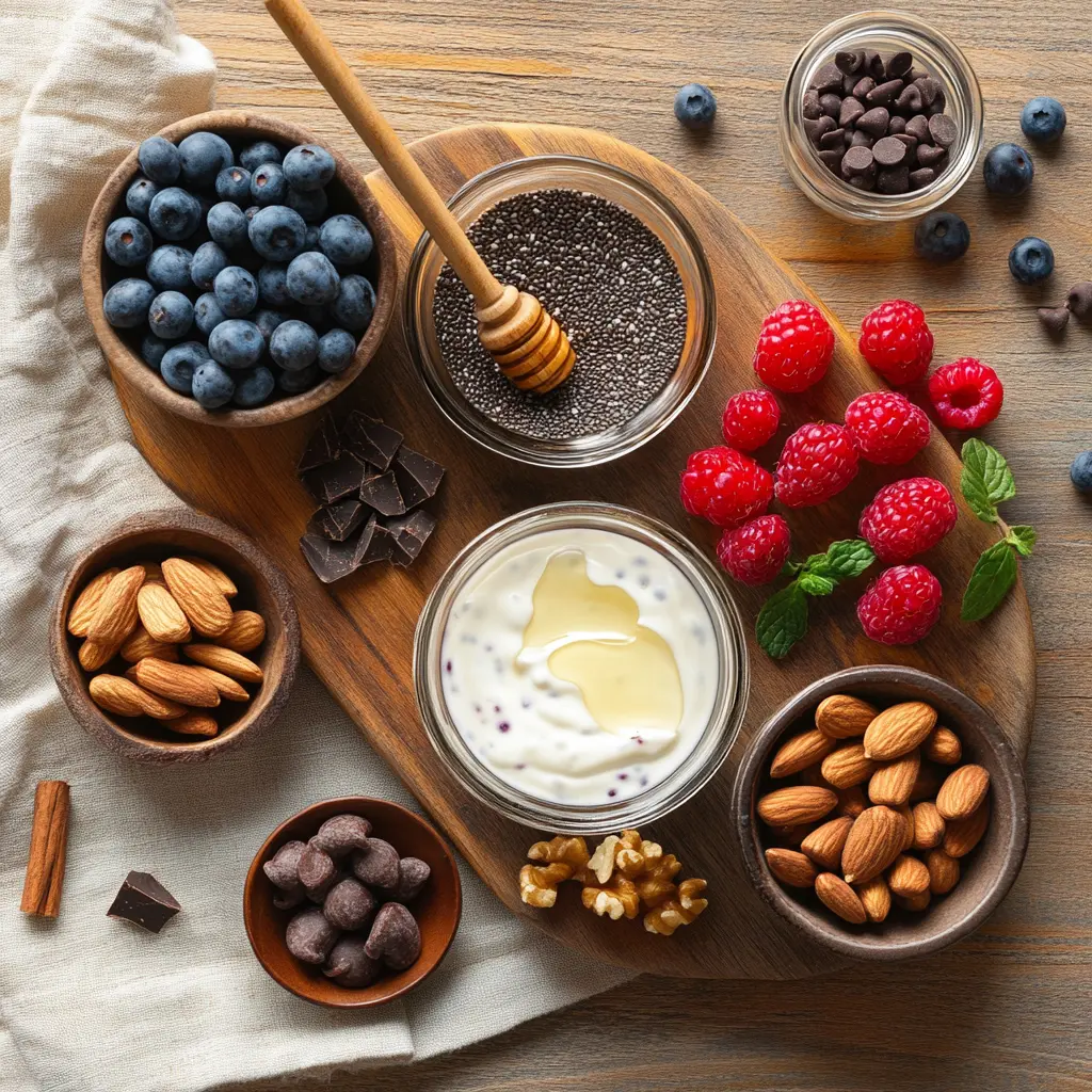 GREEK YOGURT CHIA PUDDING with mixed berries nuts and dark chocolate chips in a glass