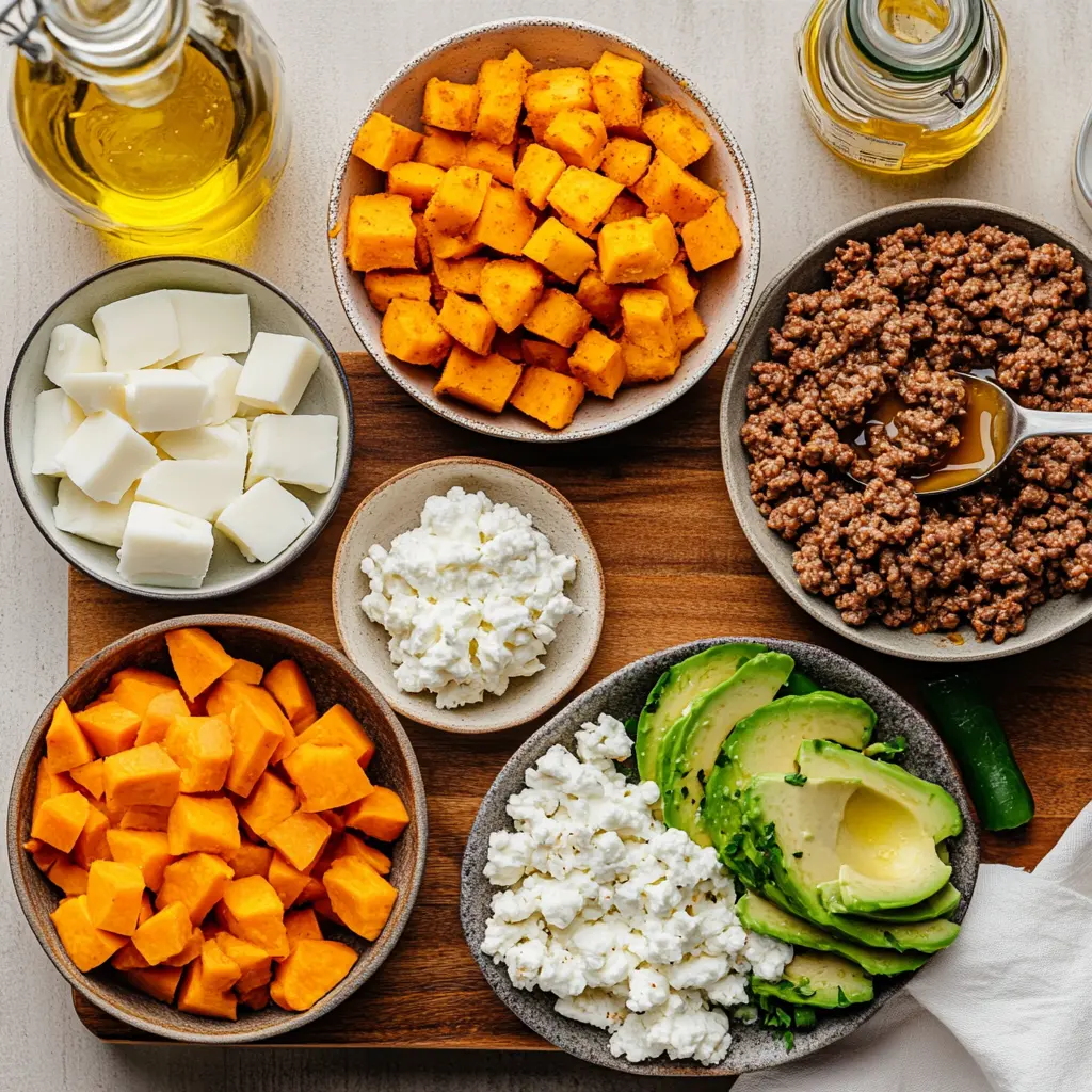 Ground Beef Hot Honey Bowl: Easy Delicious Dinner Idea 5 GROUND BEEF HOT HONEY BOWL eye level plated bowl with roasted sweet potatoes avocado soft white cheese