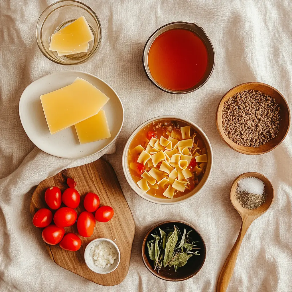 High Protein Lasagna Soup: Easy Cozy Comfort Food 5 HIGH PROTEIN LASAGNA SOUP overhead bowl with reginetti, warm broth, pressed tomatoes, grated cheese