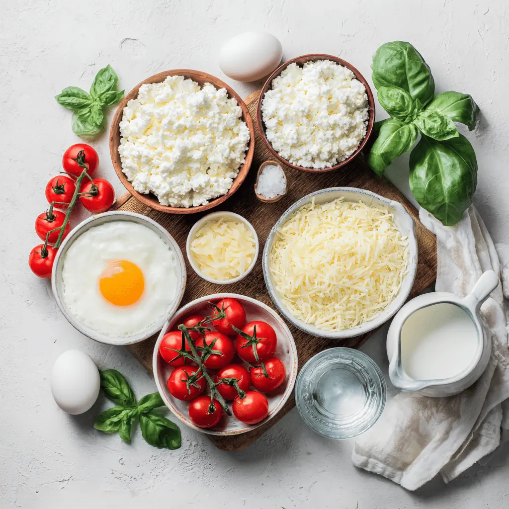 High Protein Egg Casserole with Cottage Cheese baked golden topped with cherry tomatoes and basil