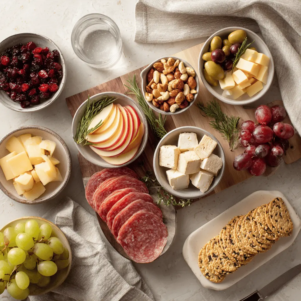 Holiday Themed Charcuterie board with salami prosciutto aged cheddar brie grapes apples and herbs