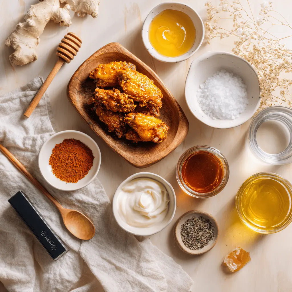 Honey Buffalo Wings on white cloth with clear water glass warm golden glaze and seasoning