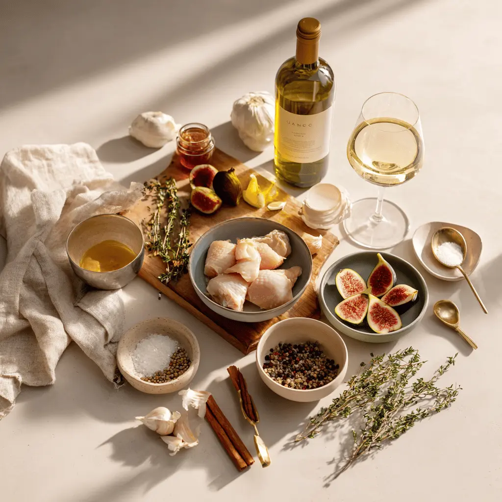 Honey Roasted Chicken with Sweet Figs plated on white cloth napkin with figs and honey jar