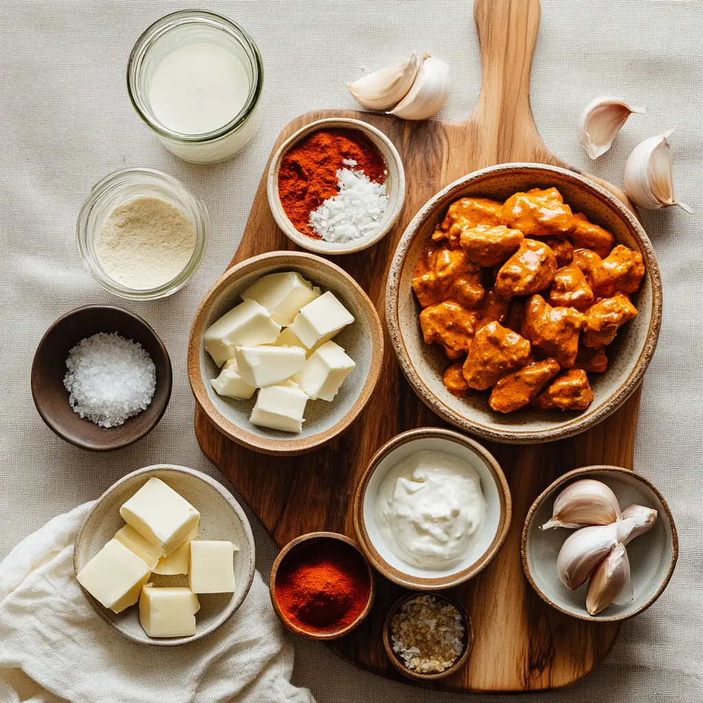 Indian Butter Chicken: Easy and Delicious Recipe 5 INDIAN BUTTER CHICKEN bowl on white napkin with warm sauce and glass of water