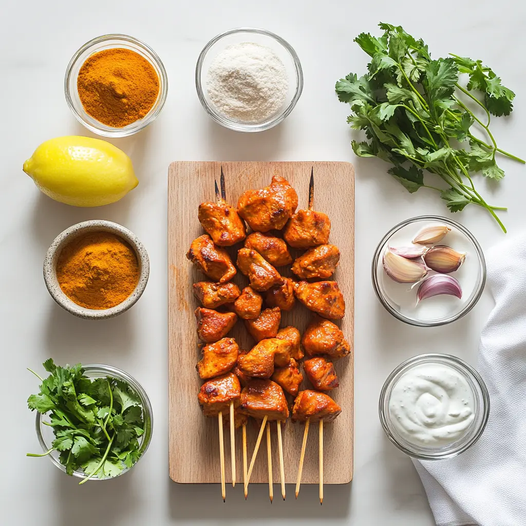 Indian Tandoori Chicken Tikka Kebab Skewers: Easy and Delicious Recipe 5 INDIAN TANDOORI CHICKEN TIKKA KEBAB SKEWERS on skewers with lemon halves and fresh herbs