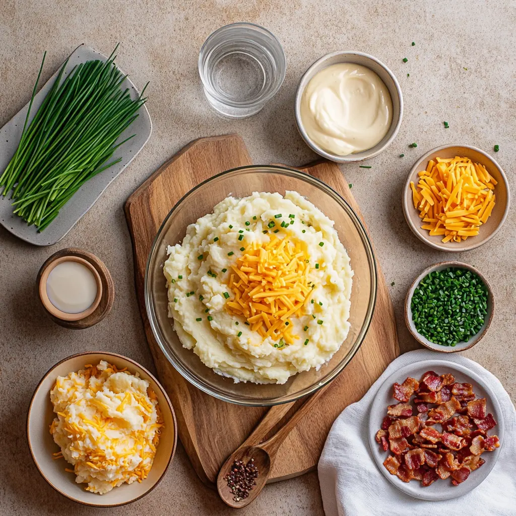 Loaded Mashed Potatoes: Easy and Irresistibly Delicious 5 LOADED MASHED POTATOES topped with melted cheddar bacon chives butter and creamy white sauce on white cloth