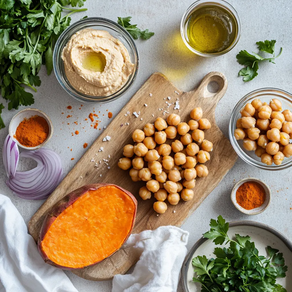 Loaded Roasted Sweet Potato: Delicious and Easy Recipe 5 LOADED ROASTED SWEET POTATO with hummus crispy chickpeas red onion herbs crumbled cheese olive oil drizzle