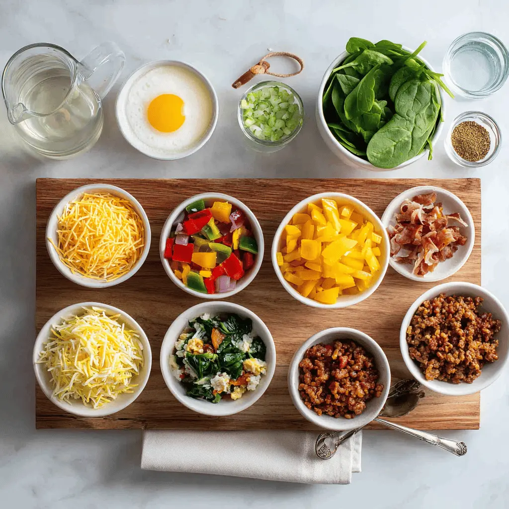 Make Ahead Egg Muffins Breakfast three golden muffins with melty cheese peppers spinach bacon and sausage