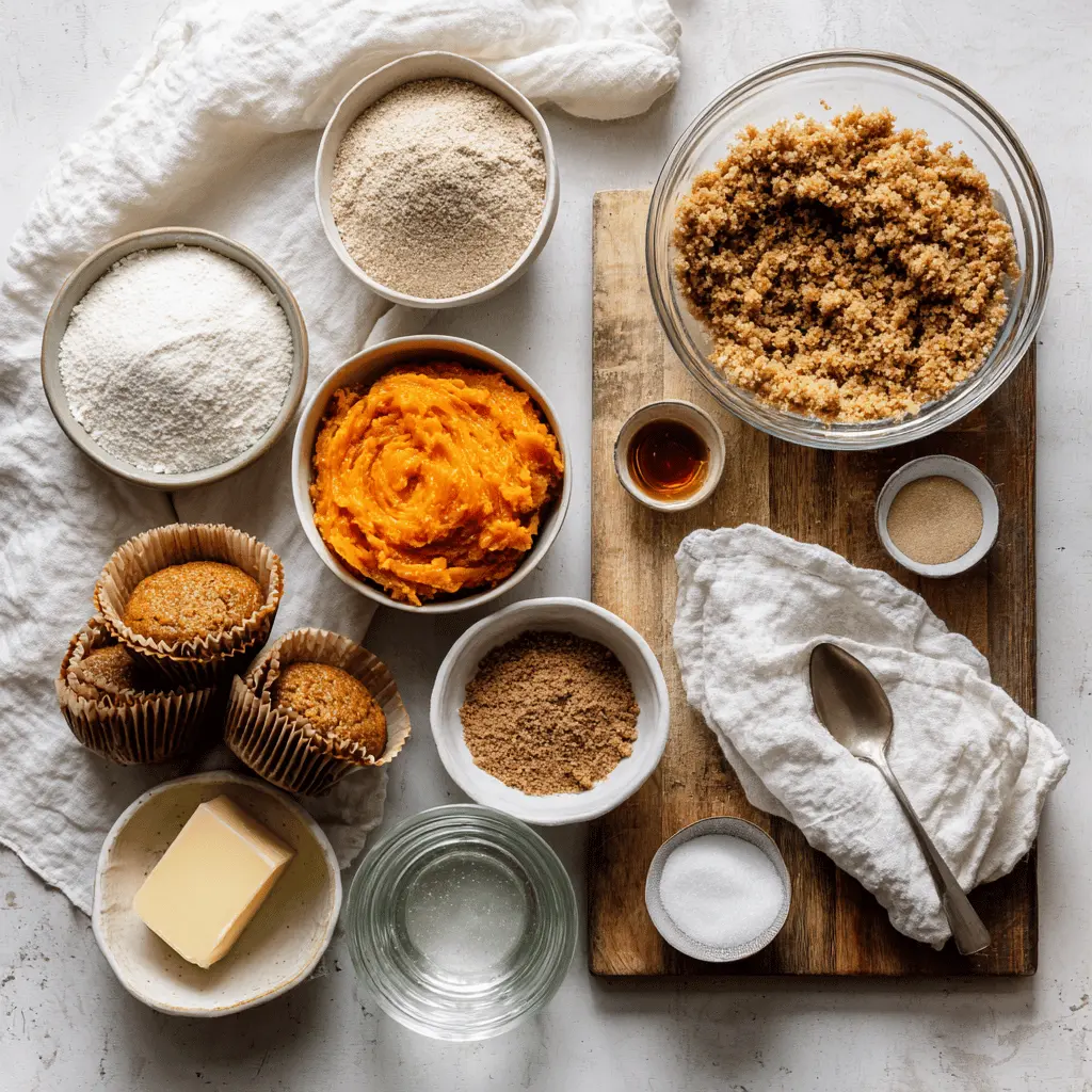 Pumpkin Streusel Muffins: Irresistible and Easy Recipe 4 PUMPKIN STREUSEL MUFFINS on white cloth with clear glass of water warm light