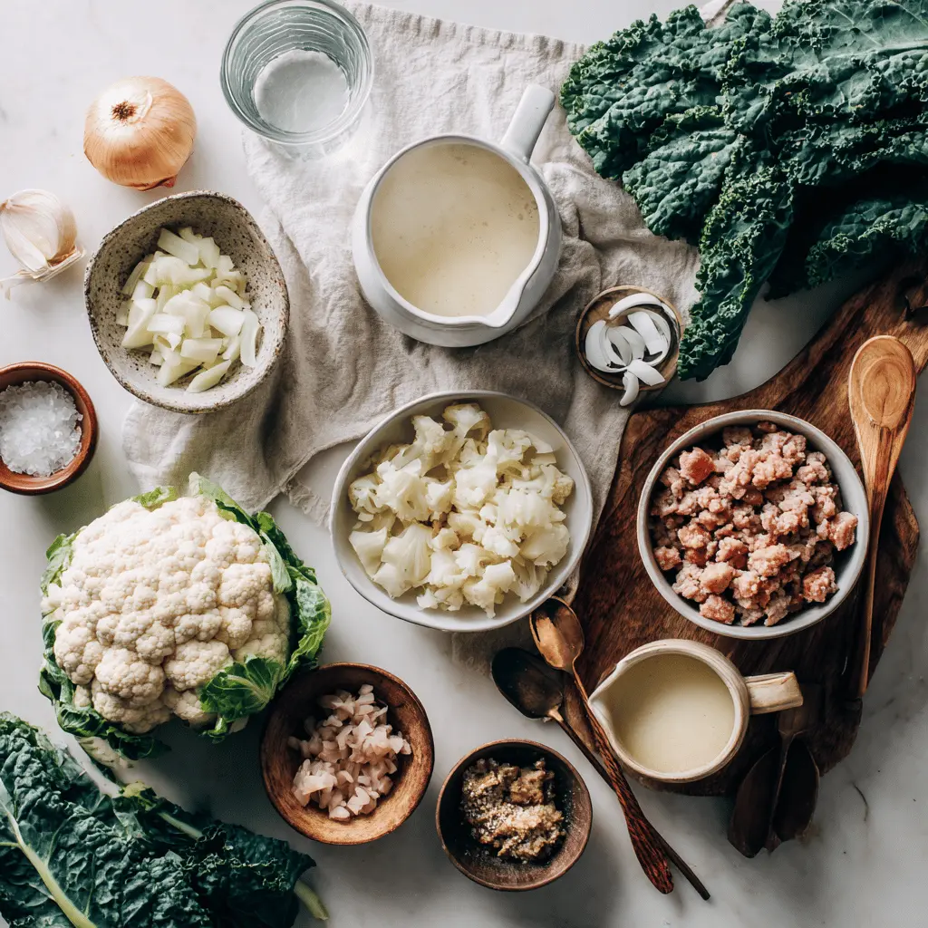 Quick Keto Zuppa Toscana Soup with Cauliflower: Easy Delicious Recipe 4 QUICK KETO ZUPPA TOSCANA SOUP WITH CAULIFLOWER creamy Italian sausage kale bacon bowl top-down hero