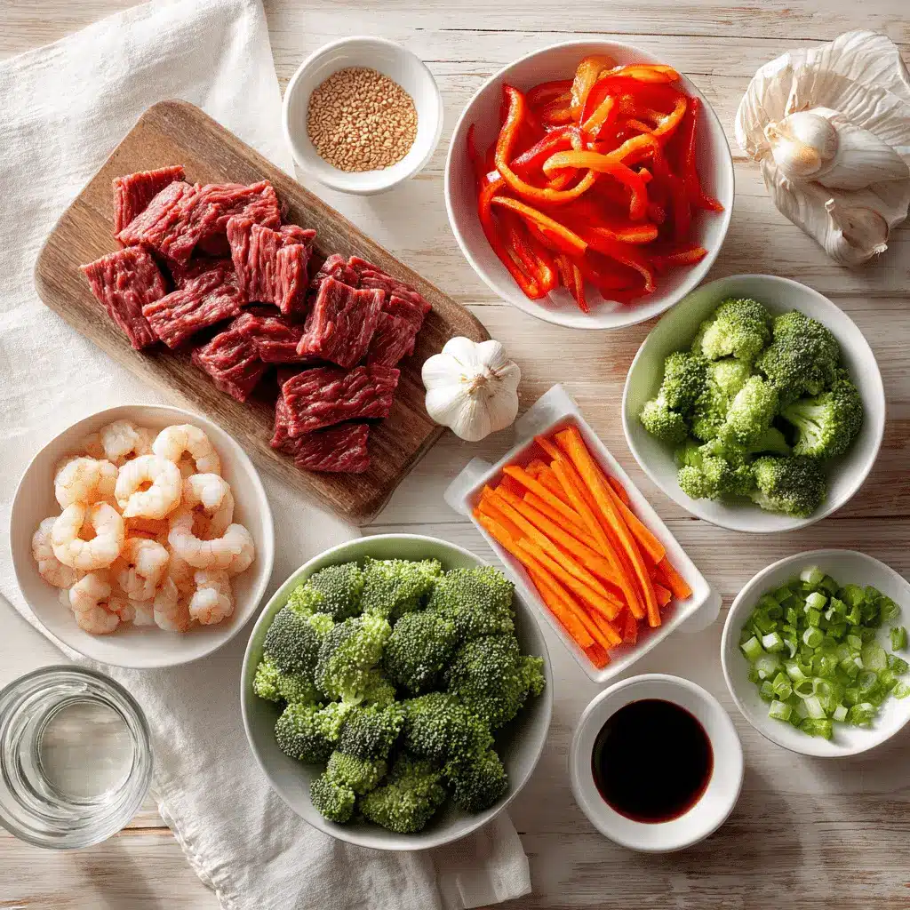 STEAK AND SHRIMP STIR FRY hero photo on white napkin warm natural light restaurant style