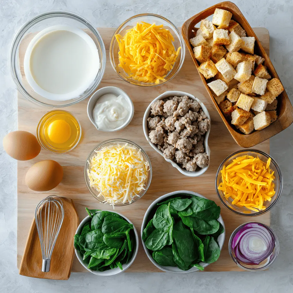 Sausage and Egg Casserole golden baked with cheddar peppers spinach on white napkin