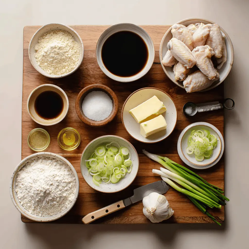 Soy Garlic Wings plated on white napkin with sesame seeds and green onions