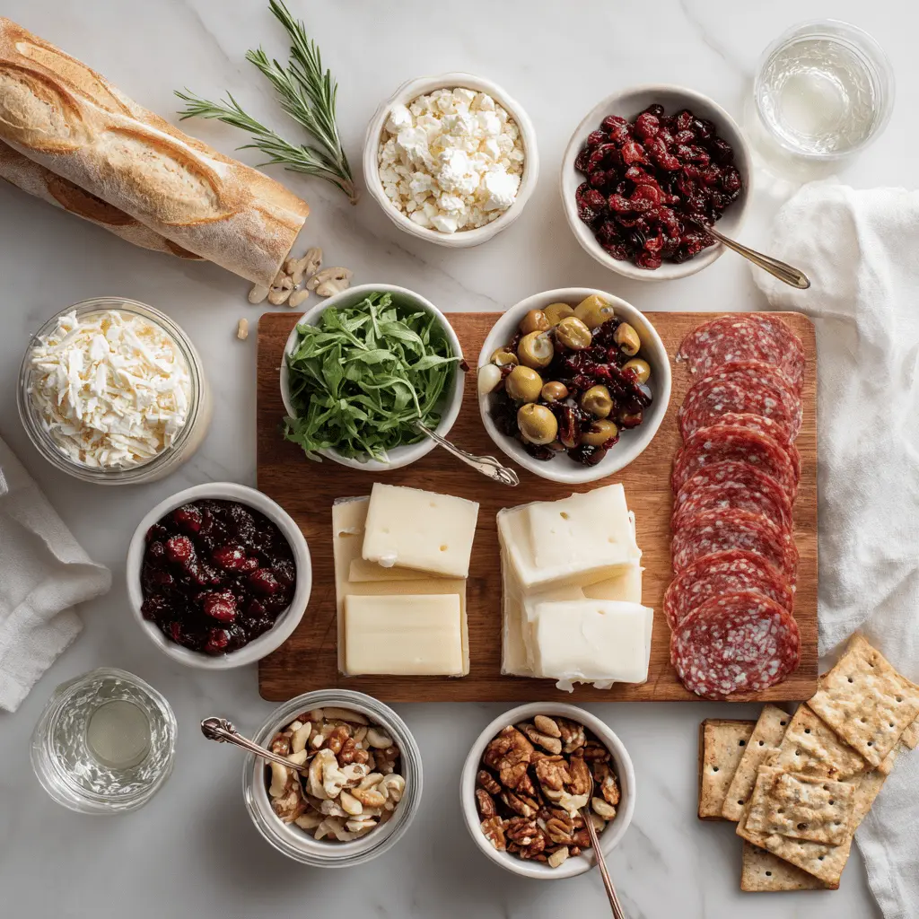 Thanksgiving Cheese Board with brie manchego white cheddar cranberry goat cheese assorted salami