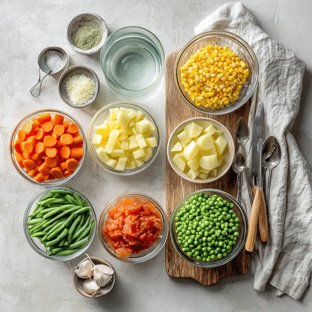 VEGETABLE SOUP overhead hero image on white cloth napkin warm natural lighting