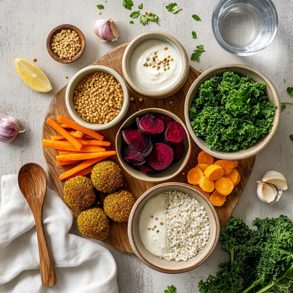 Winter Buddha Bowl: Easy and Irresistible Recipe 5 WINTER BUDDHA BOWL with golden falafel pearl couscous beet kale and creamy tahini sauce