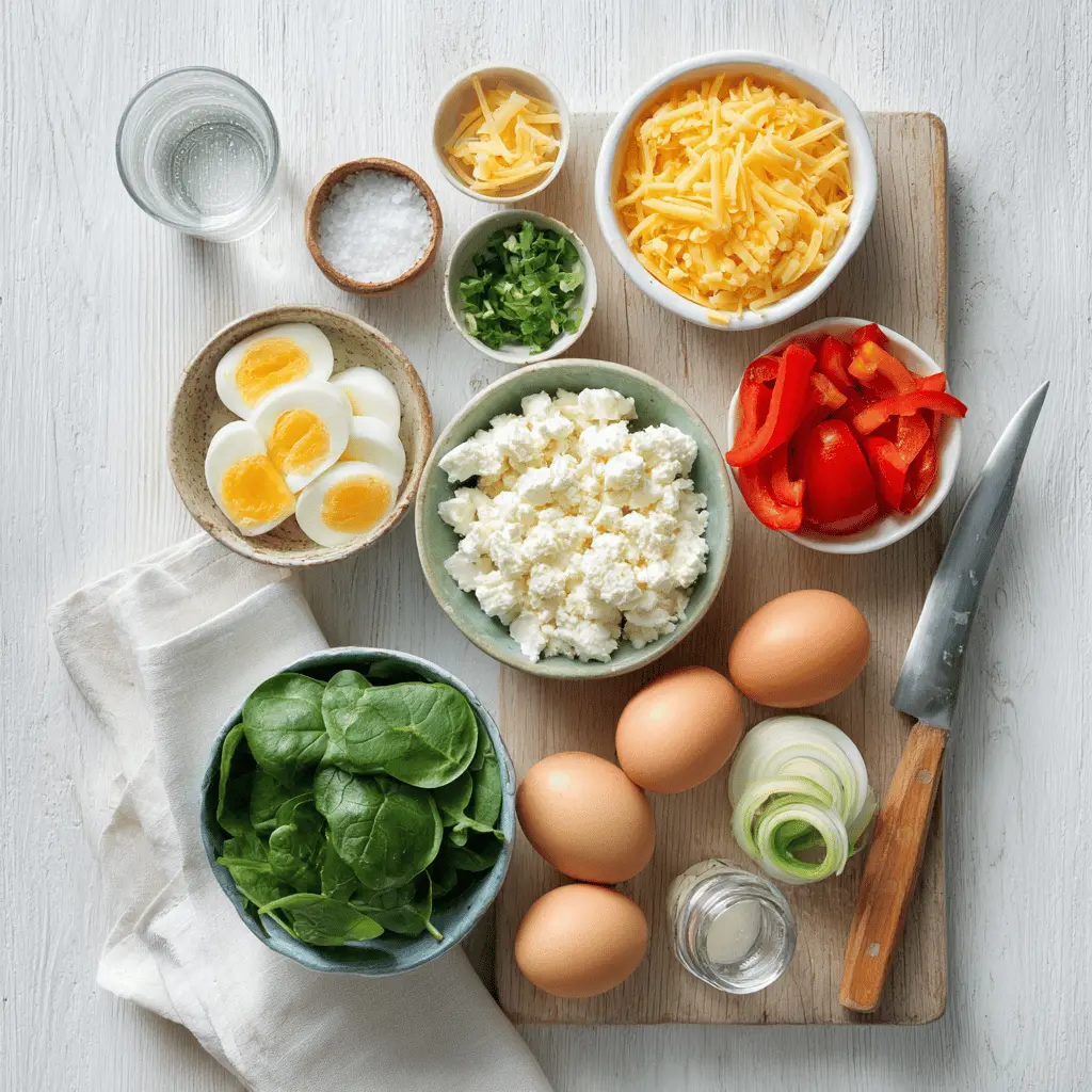 Egg salad with cottage cheese on white napkin, vibrant peppers and herbs, water glass