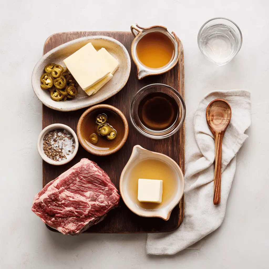 mississippi pot roast on white napkin with buttery glaze and clear glass of water