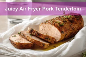 Juicy Air Fryer Pork Tenderloin on white napkin with glass of water, warm natural light