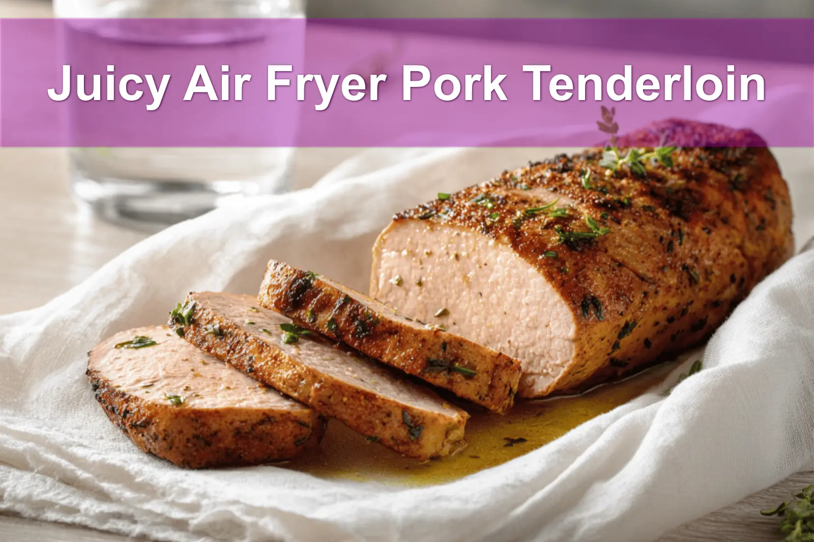 Juicy Air Fryer Pork Tenderloin on white napkin with glass of water, warm natural light