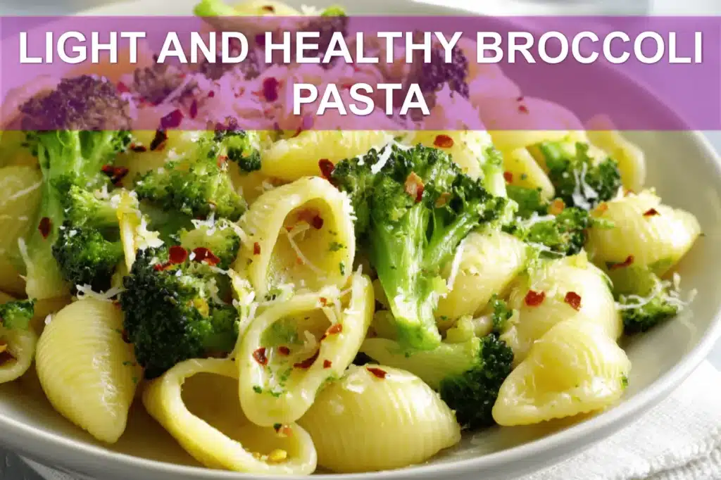 LIGHT AND HEALTHY BROCCOLI PASTA plated with broccoli florets garlic and grated cheese warm natural light
