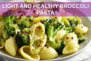 LIGHT AND HEALTHY BROCCOLI PASTA plated with broccoli florets garlic and grated cheese warm natural light