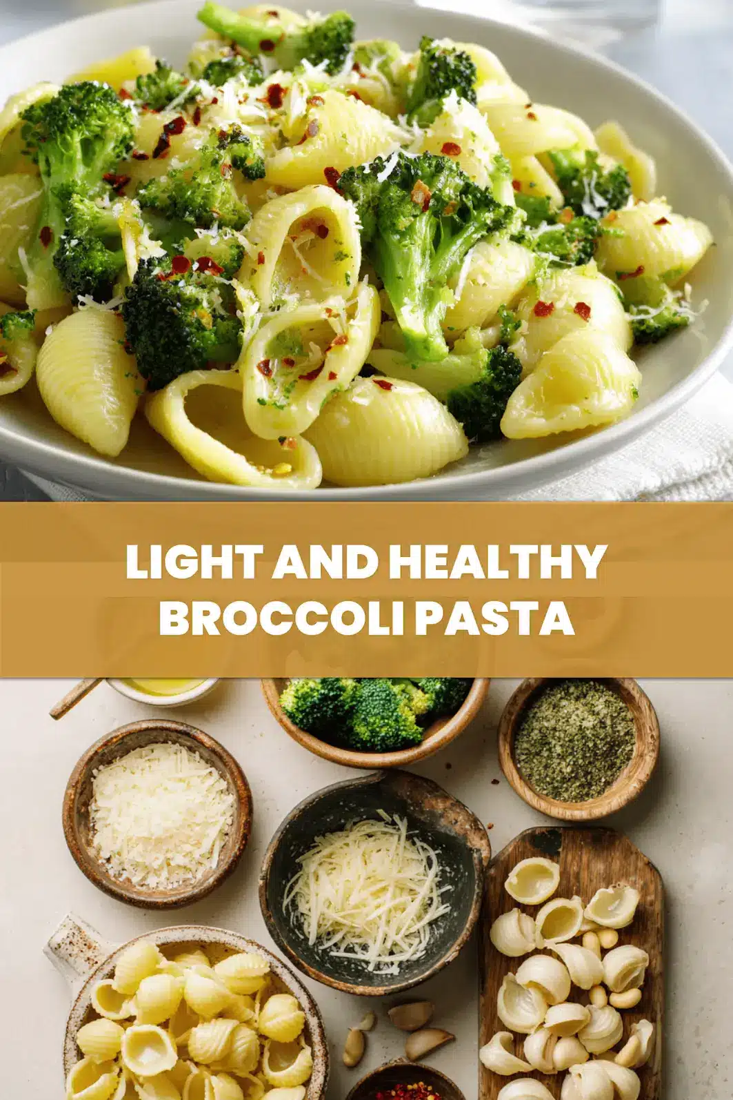 LIGHT AND HEALTHY BROCCOLI PASTA plated with broccoli florets garlic and grated cheese warm natural light_pin